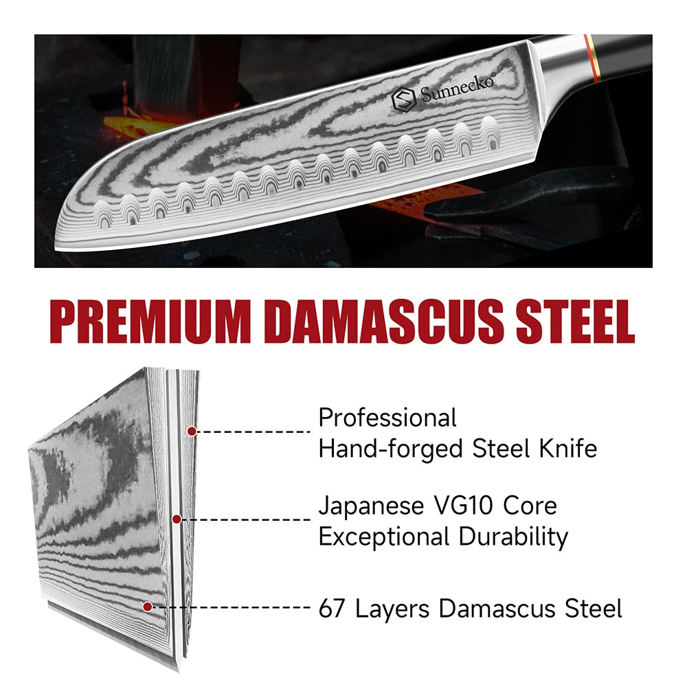 Sunnecko 7" Damascus Santoku Knife – 67-Layer VG10 Steel Damascus Santoku Knife Axl