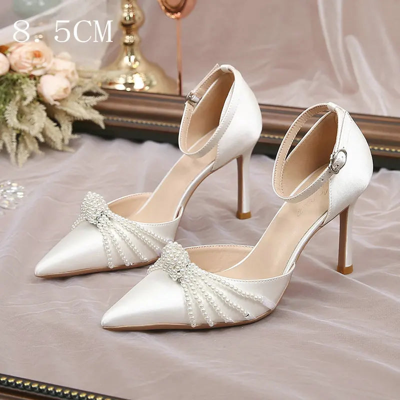 Beaded Satin High Heel Wedding Pumps – Pointed Toe Stilettos High Heel Pumps Axl White 8.5CM Heel 41