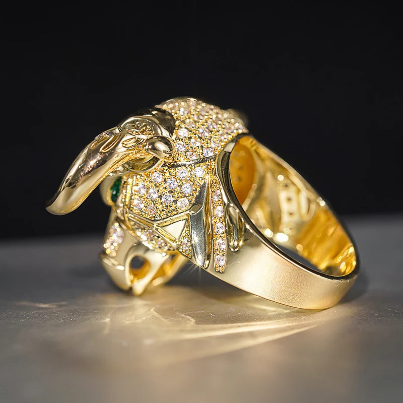 Huitan Cow Design Gold Tone Statement Ring – Green Eyes CZ Fashion Statement Ring Axl