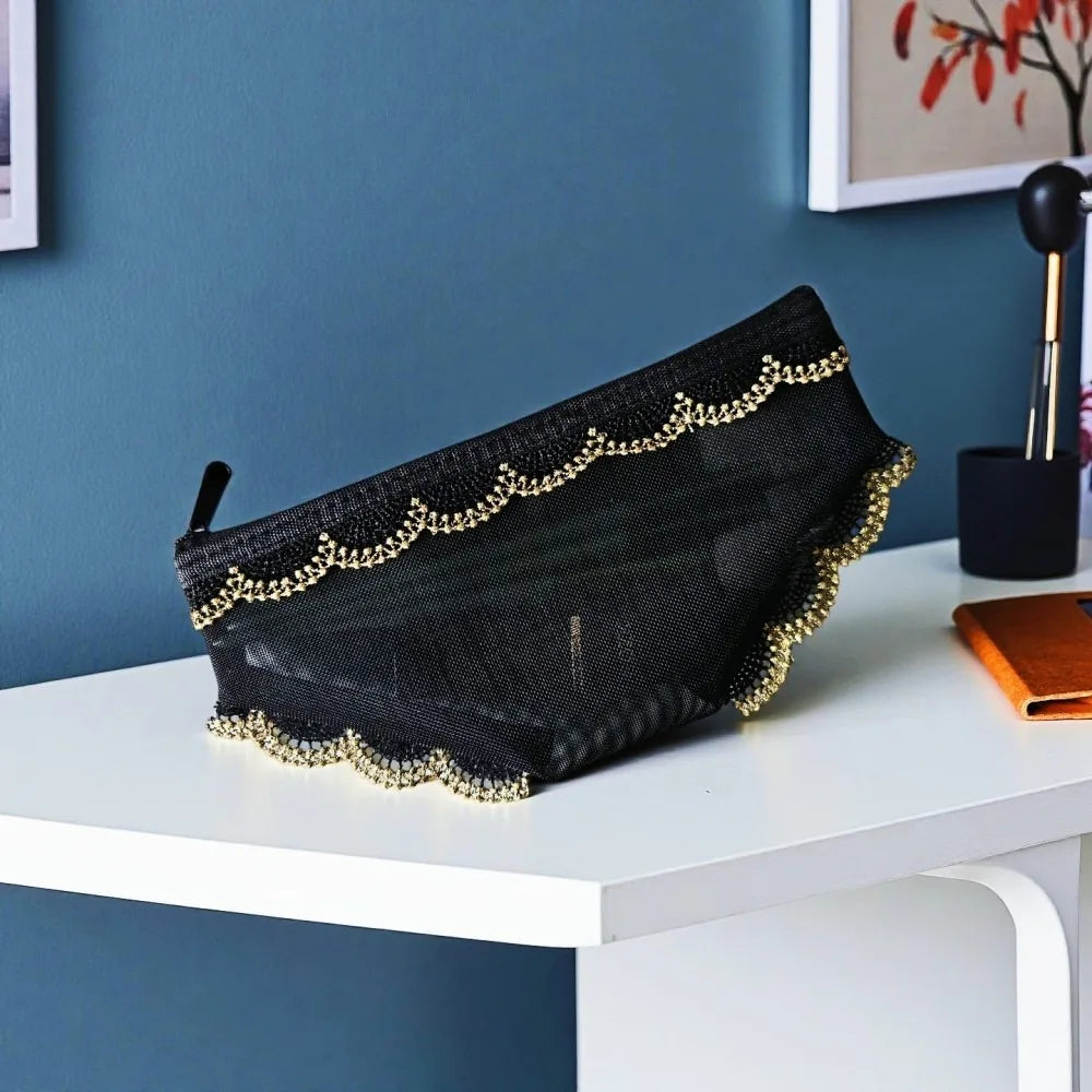 Y2K Briefs Shape Cosmetic Bag – Mesh Lace Makeup Pouch Cosmetic Makeup Bag Axl Black-Gold