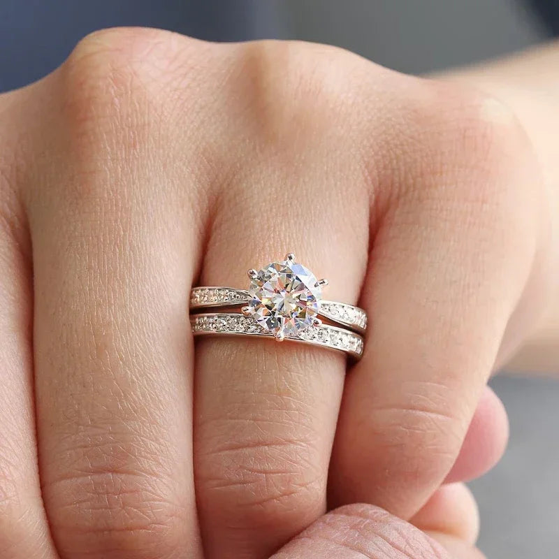 Huitan 6-Claw Cubic Zirconia Wedding Ring Set for Women 2 Pcs Bridal Ring Set Axl