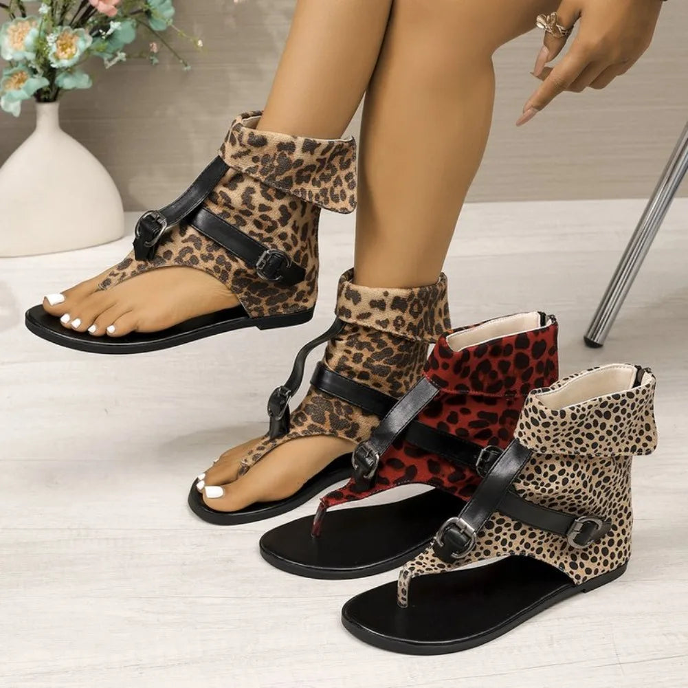 Women's Leopard Print Flat Sandals – Buckle Gladiator Beach Flat Sandals Axl