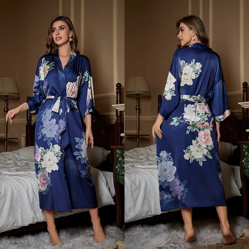 Women's Floral Satin Kimono Robe – Lace-Up Silk Bathrobe Satin Kimono Robe Axl 05 One Size