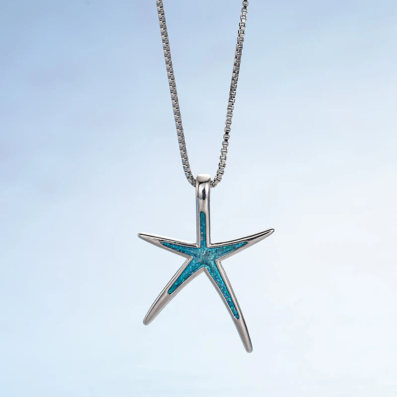 Huitan Blue Starfish Pendant Necklace – Boho Beach Jewelry Pendant Necklace Axl