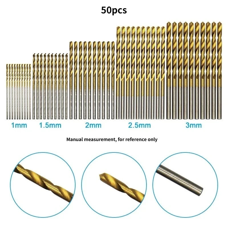 50-Pc Titanium Twist Drill Bit Set 1–3mm | Mini Wood Bits Twist Drill Bit Set Axl A-1set