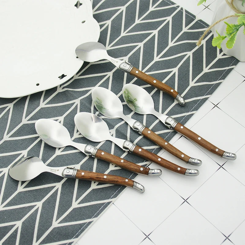 Laguiole Stainless Steel Teaspoon Set Wood Handle | 6–12 Pcs Teaspoon Cutlery Set Axl