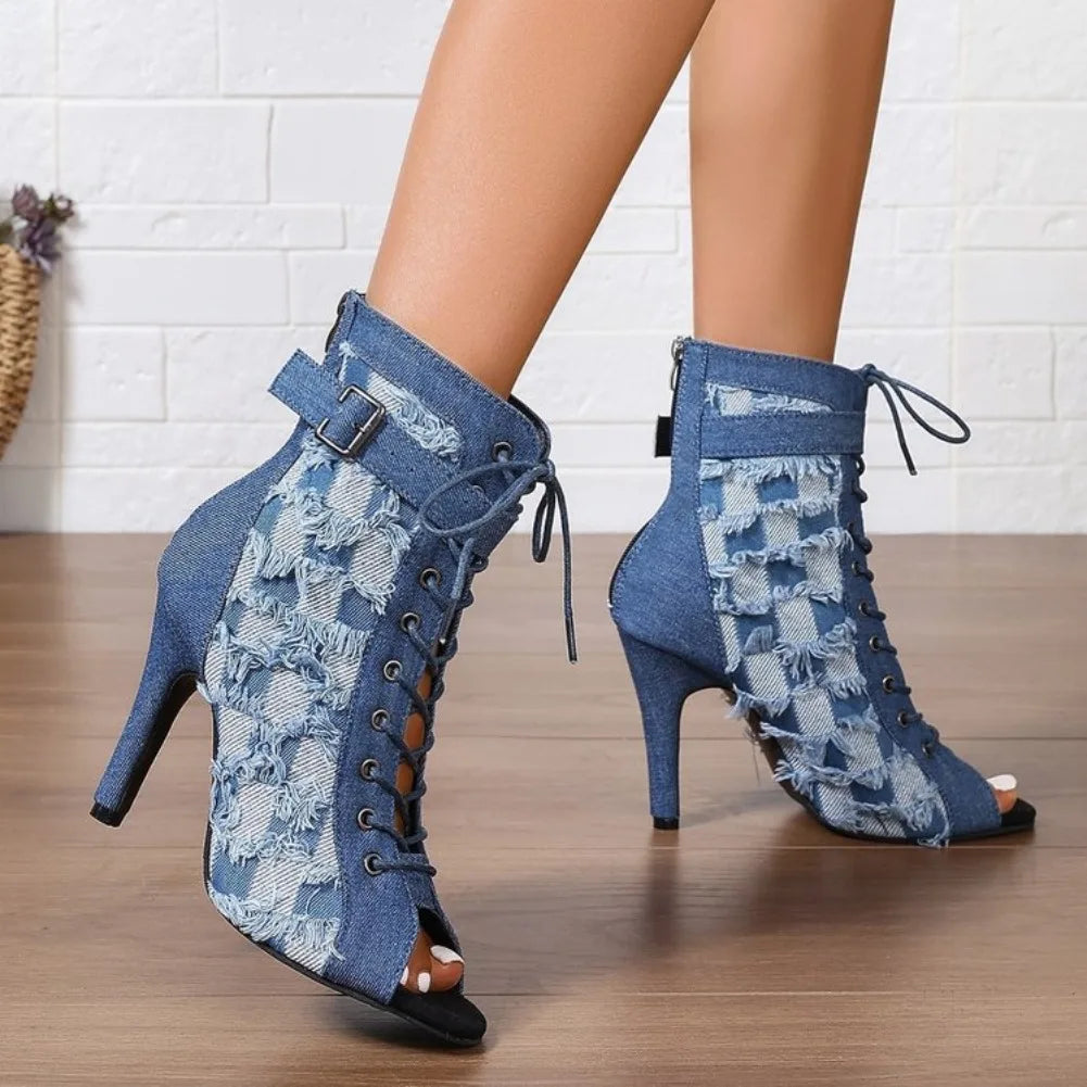 Women's Denim Peep Toe Ankle Boots – High Heel Short Booties Ankle Booties Axl