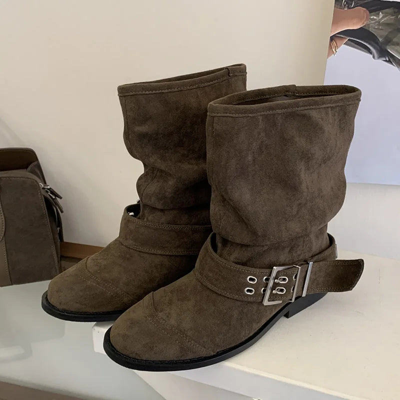 Women's Vintage Buckle Ankle Boots – Low Heel Round Toe Women's Ankle Boots Axl Coffee 37