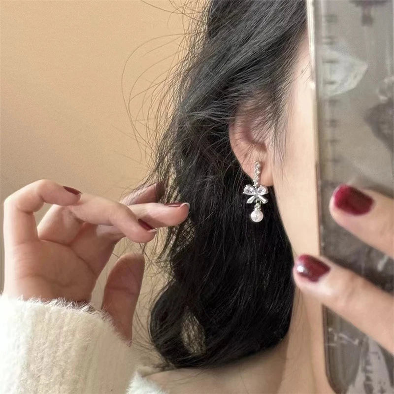 Bow Pearl Dangle Stud Earrings – Sweet Fashion Jewelry Women Pearl Stud Earrings Axl