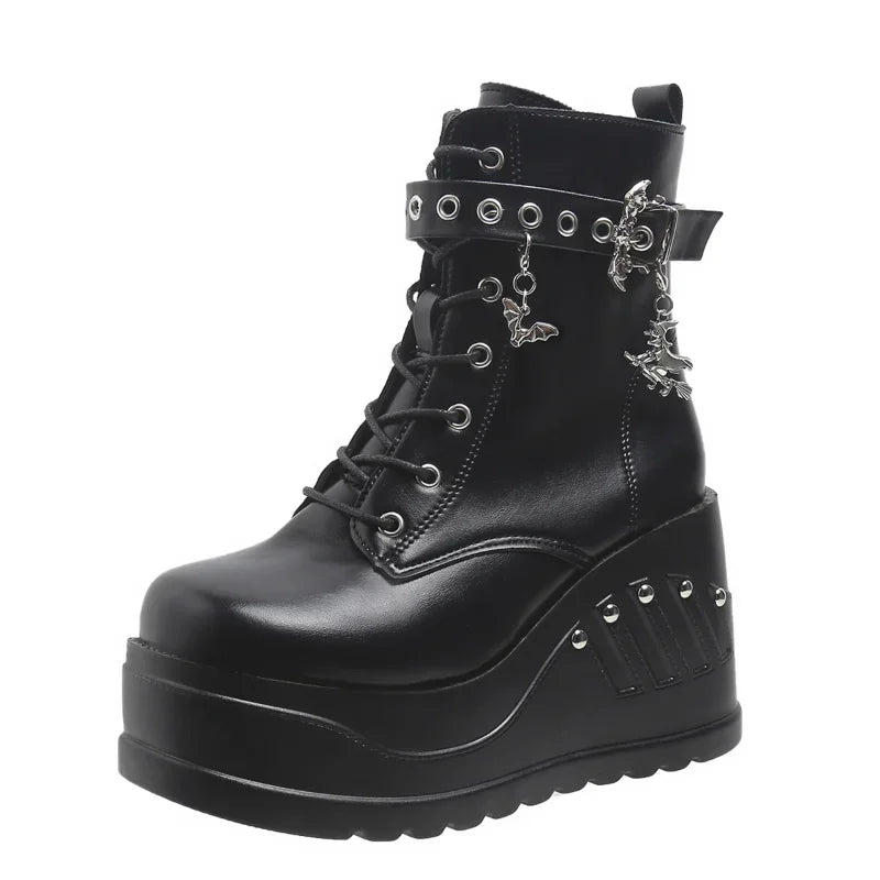Women's Punk Goth Platform Wedge Ankle Boots | Lace-Up Platform Wedge Boots Axl