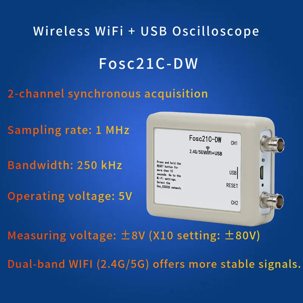 Fosc21C-DW Dual-Band WiFi USB 2-Channel Oscilloscope 2.4G/5G Wireless Oscilloscope Axl
