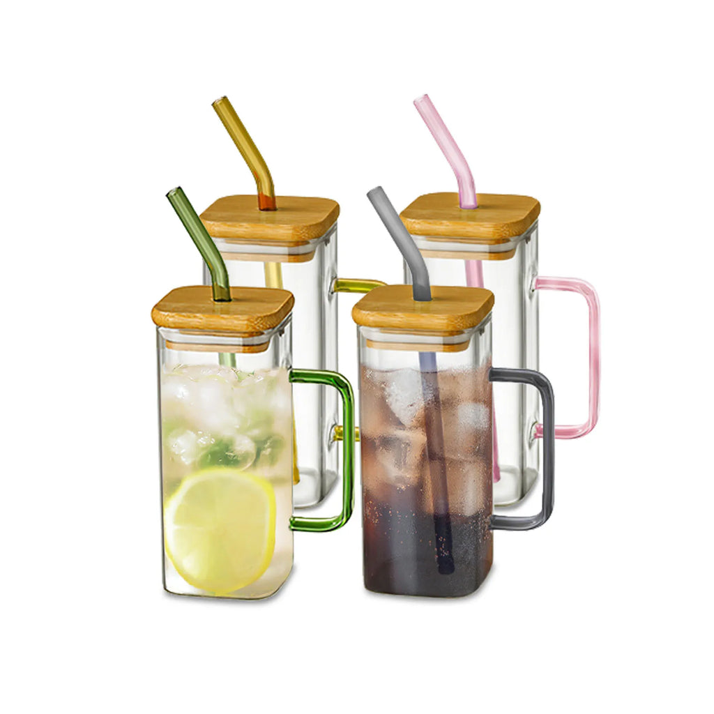 400ml Square Glass Mug with Lid & Straw | Microwave Safe Glass Mug Axl