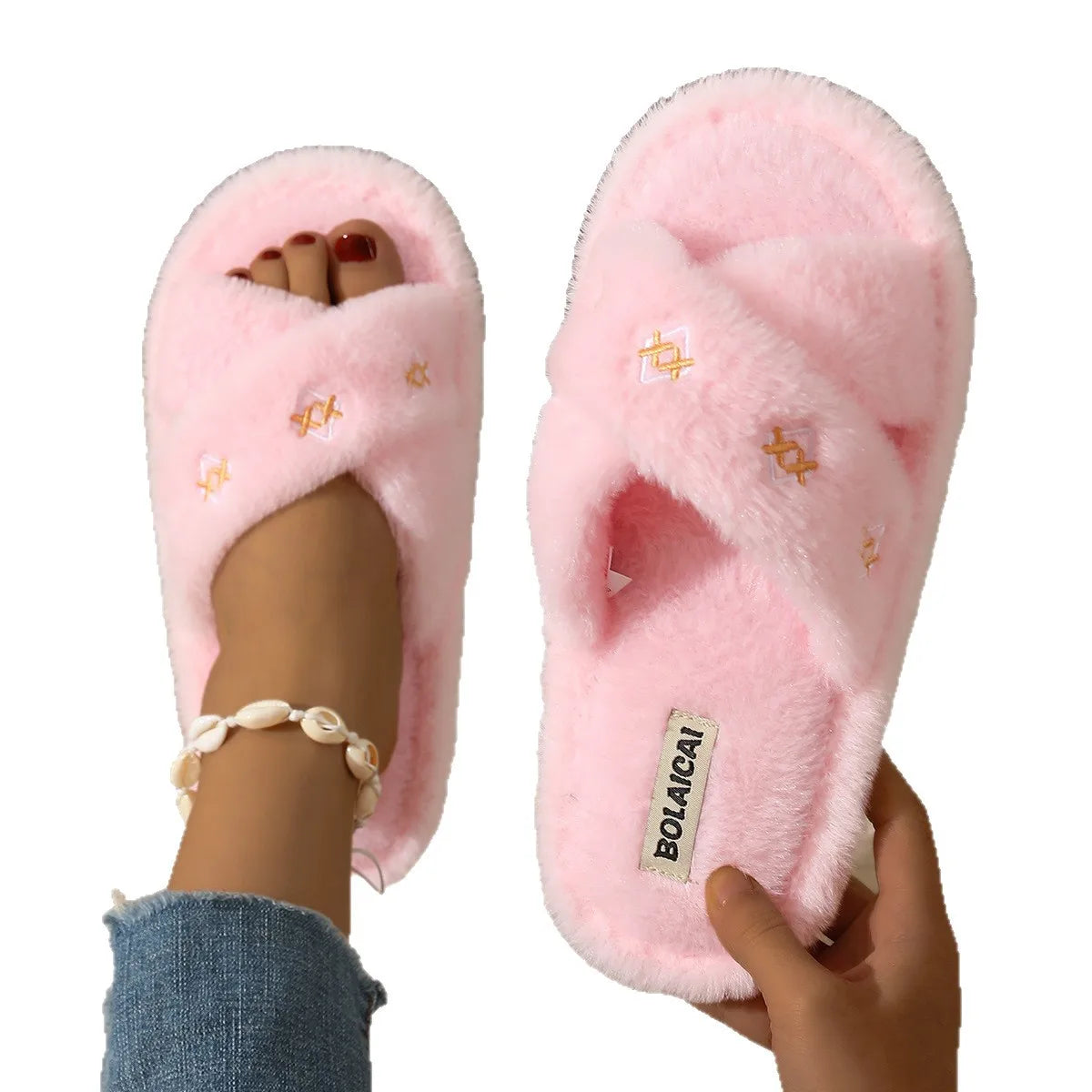 Women's Fluffy Fur Slippers – Embroidery Plush Cross Band Slides Plush Fur Slippers Axl