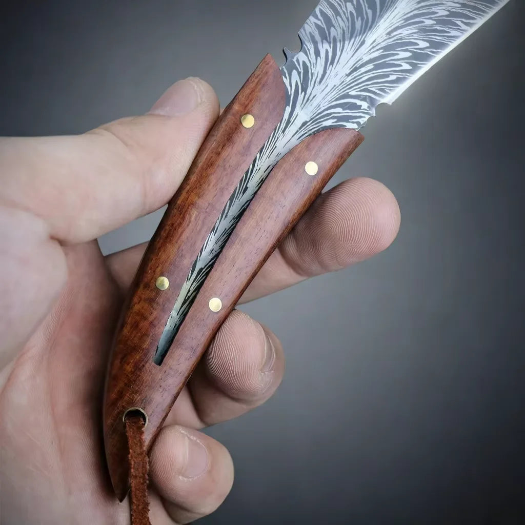 EDC Fixed Blade Knife – Patterned Leaf Blade & Wood Handle Fixed Blade Knife Axl