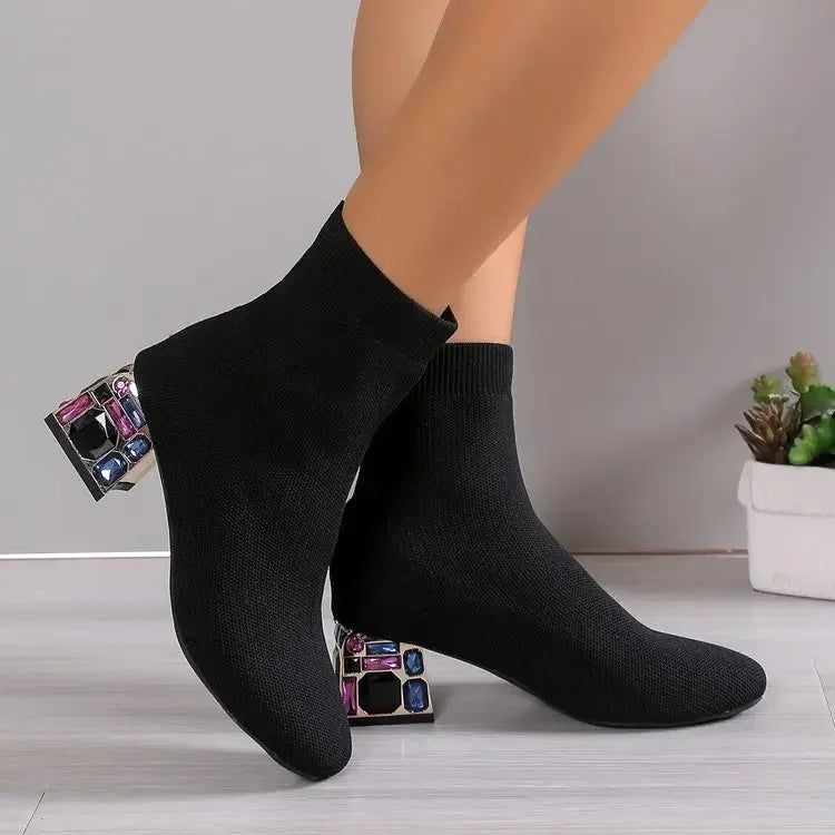 Women's Stretch Sock Ankle Boots – Square Heel & Knit Upper Sock Ankle Boots Axl