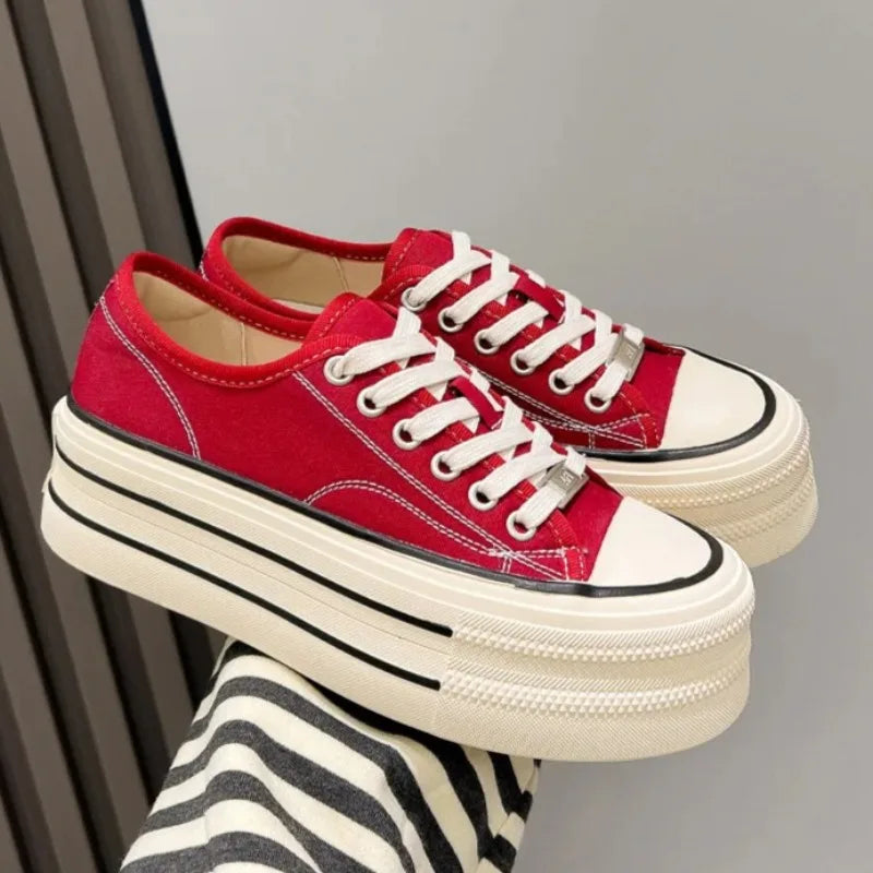 Women's Platform Canvas Sneakers – Casual Lace-Up Flats Canvas Flat Sneakers Axl