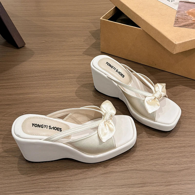 Women's Satin Butterfly-Knot Wedge Slippers – Open Toe Slides Wedge Slippers Axl Beige 36