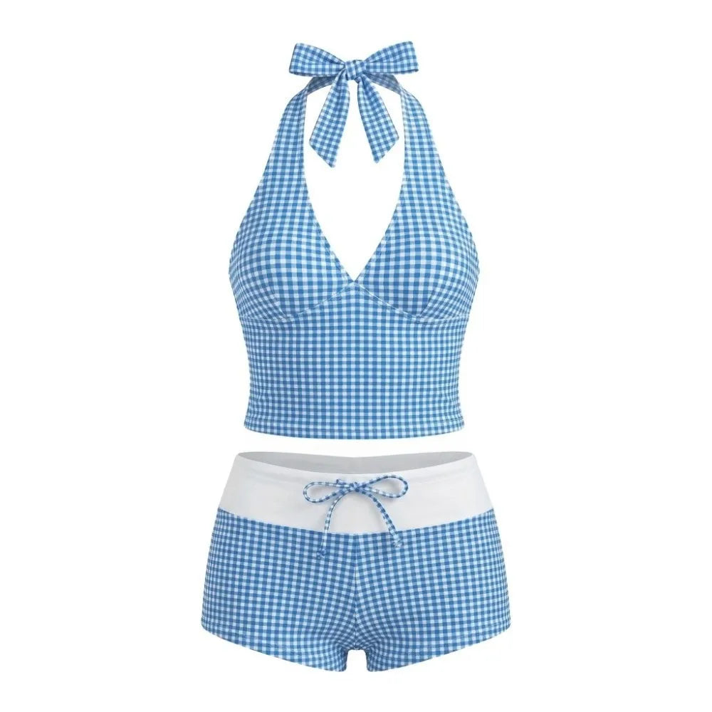 Y2K Halter Neck Plaid Bikini Set – 2-Piece Slim Swimsuit Bikini Swimsuit Set Axl Blue One Size