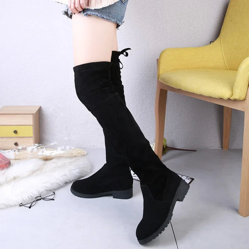 Women's Winter Knee-High Lace-Up Velvet Wedge Boots Knee-High Boots Axl