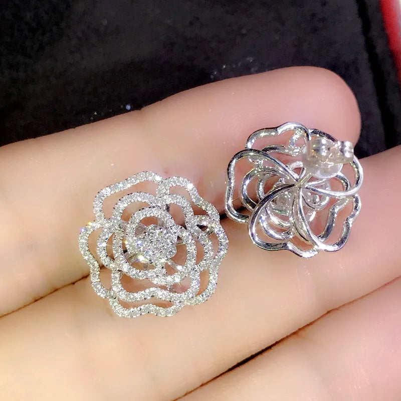Huitan Camellia Flower CZ Crystal Stud Earrings – Silver CZ Stud Earrings Axl