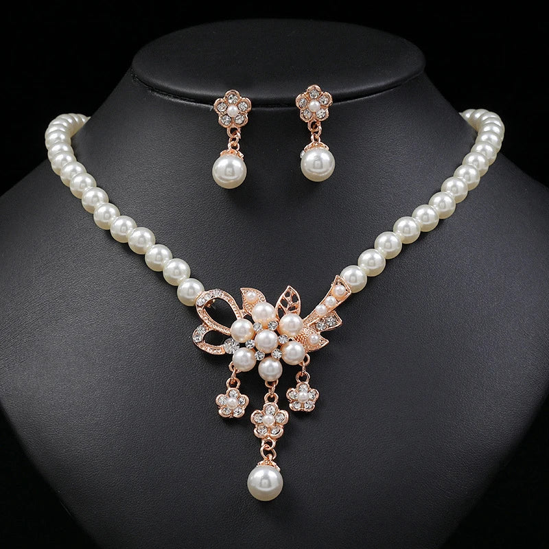 Women's Faux Pearl Rhinestone Flower Necklace & Earring Set Jewelry Set Axl Rose Gold