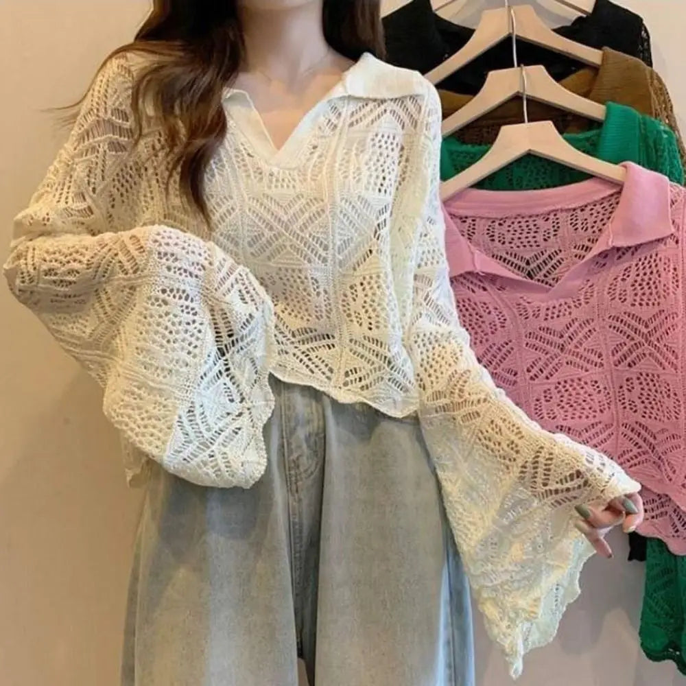 Women's V-Neck Crochet Hollow Knit Beach Top | Long Sleeve Crochet Knit Top Axl