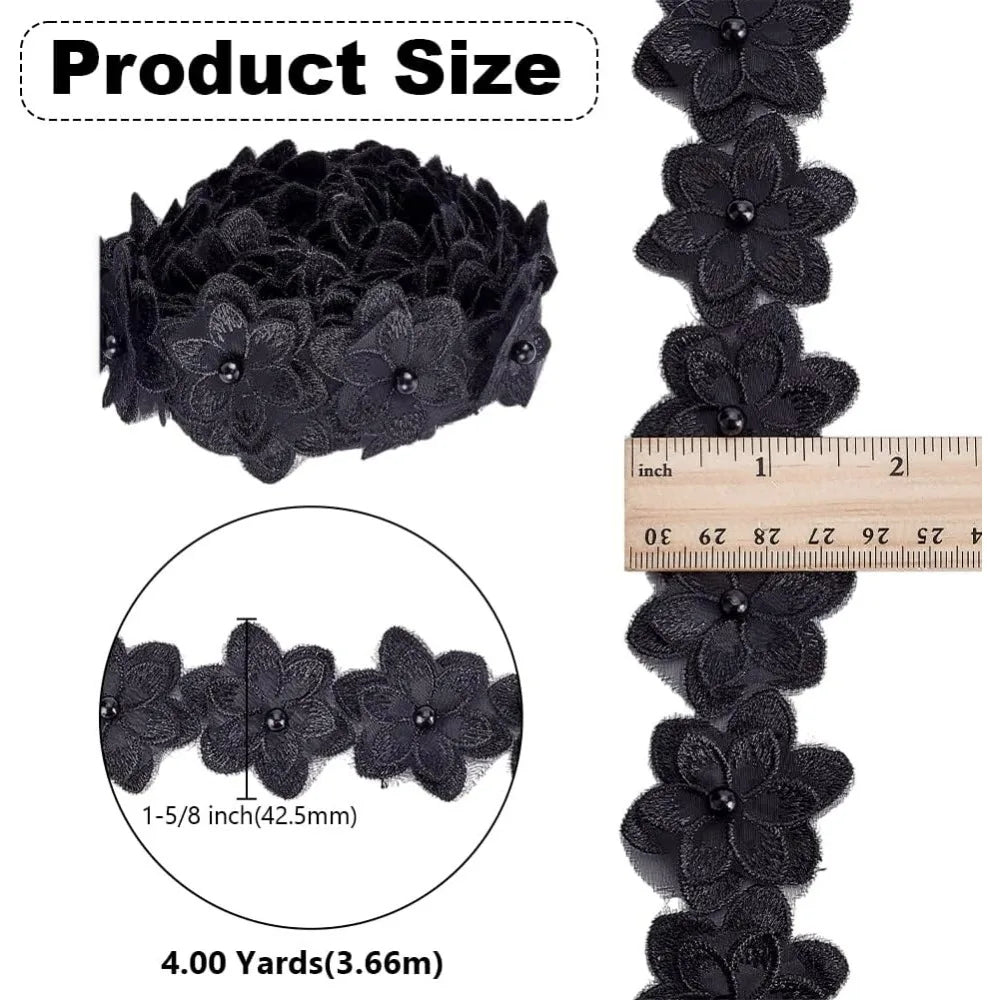 Pearl Trim Organza Lace Ribbon 4 Yds – 3D Floral Applique Black Lace Ribbon Trim Axl