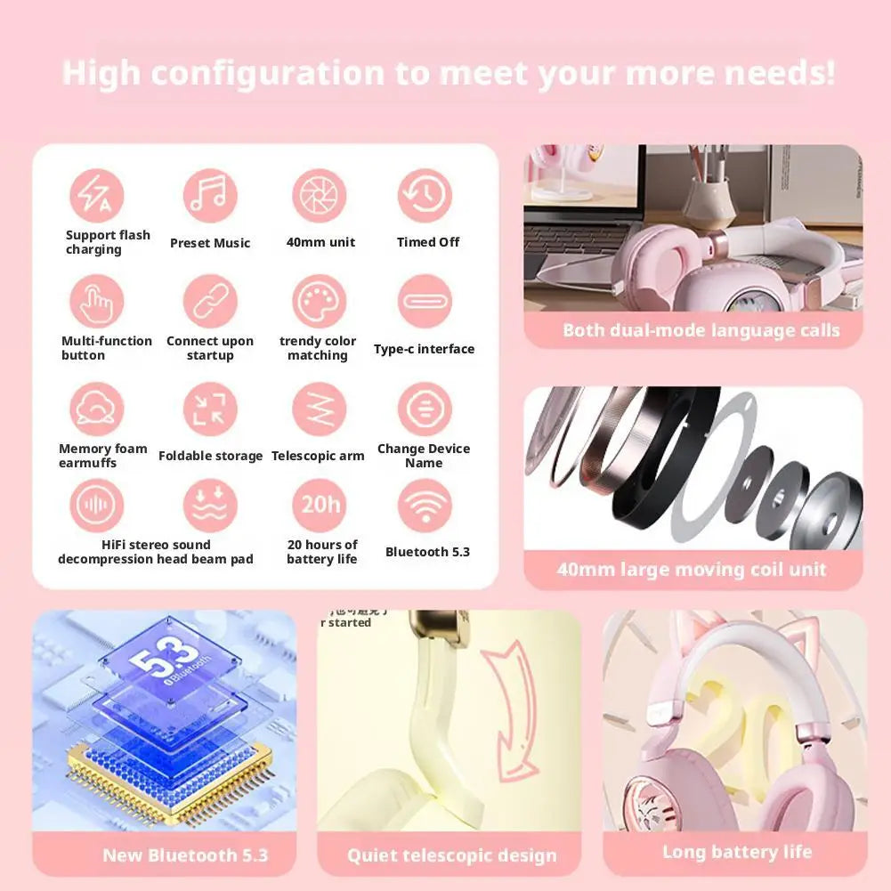 Cat Ear Bluetooth 5.3 Wireless Headphones – LED Glow Kids Gift Kids Wireless Headphones Axl