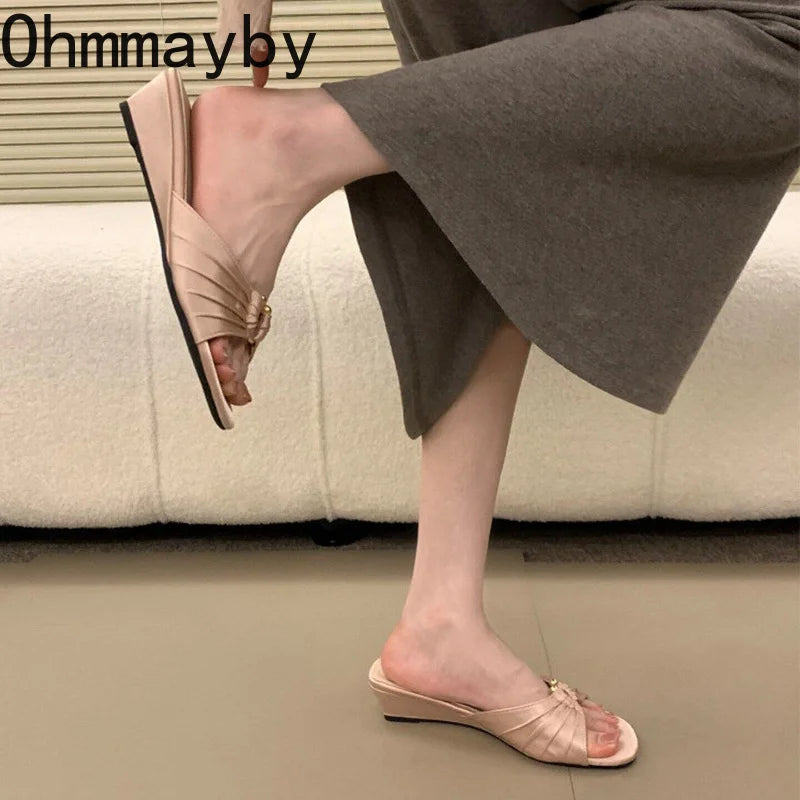 Women's Satin Wedge Slides – Open Toe Slip-On Platform Shoes Wedge Slide Sandals Axl