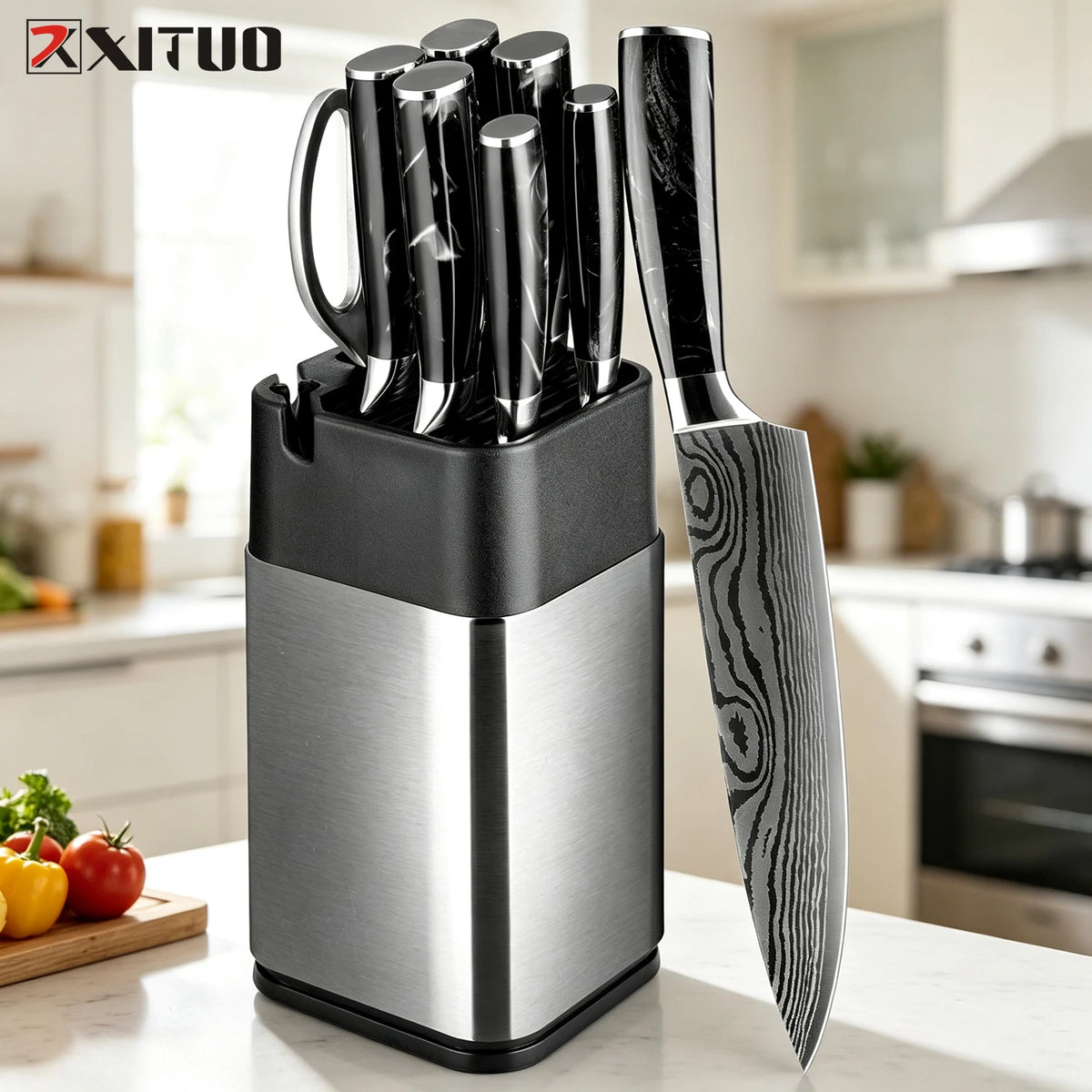 XITUO 8-Piece Kitchen Knife Set with Block & Built-In Sharpener Kitchen Knife Set Axl 8PCS Knife