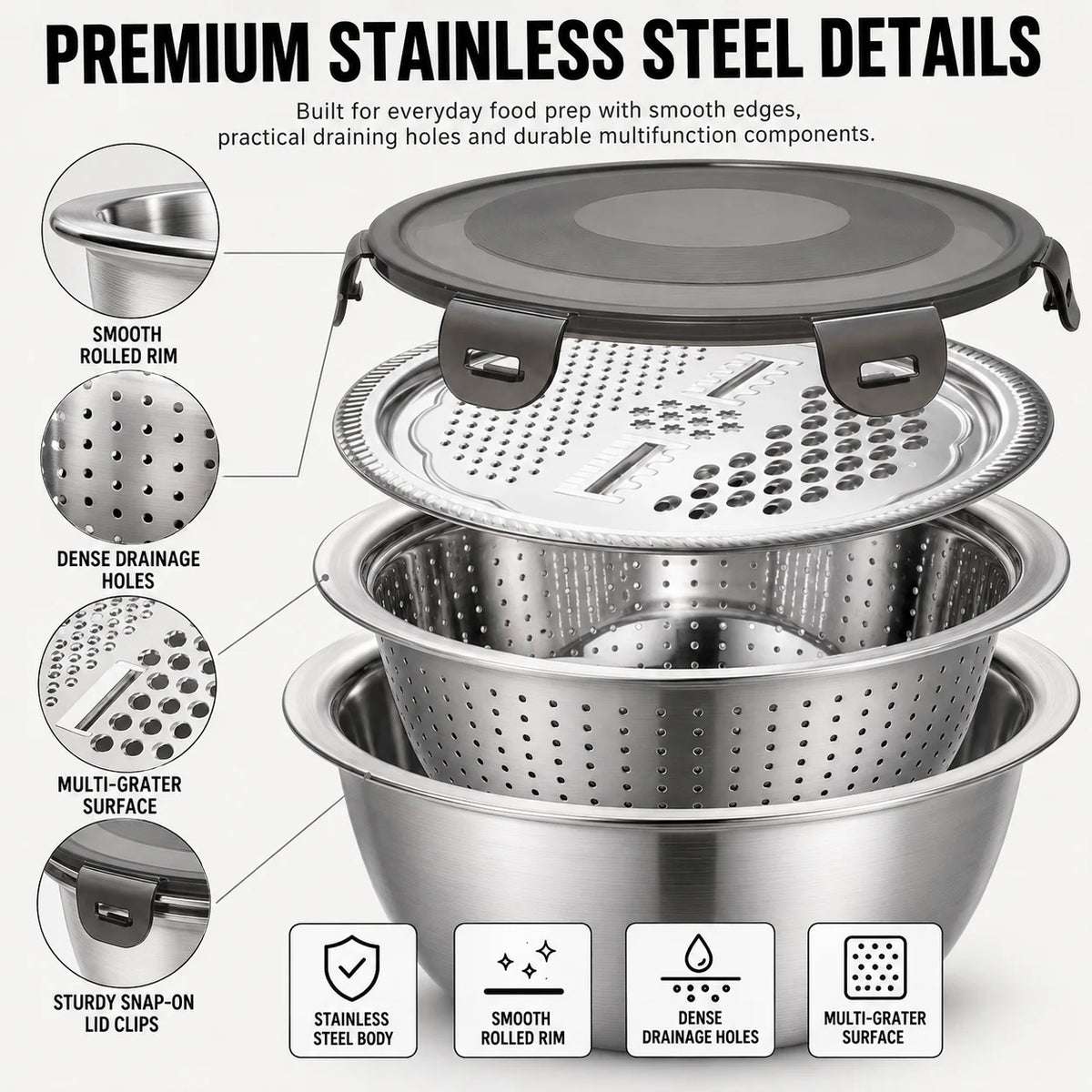 4-in-1 Stainless Steel Mixing Bowl Set – Grater, Colander & Lid Mixing Bowl Set Axl