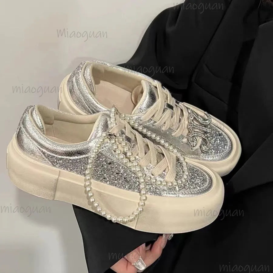 Pearl Decor Women's Sneakers – 4CM Thick Sole, Breathable Women's Sneakers Axl