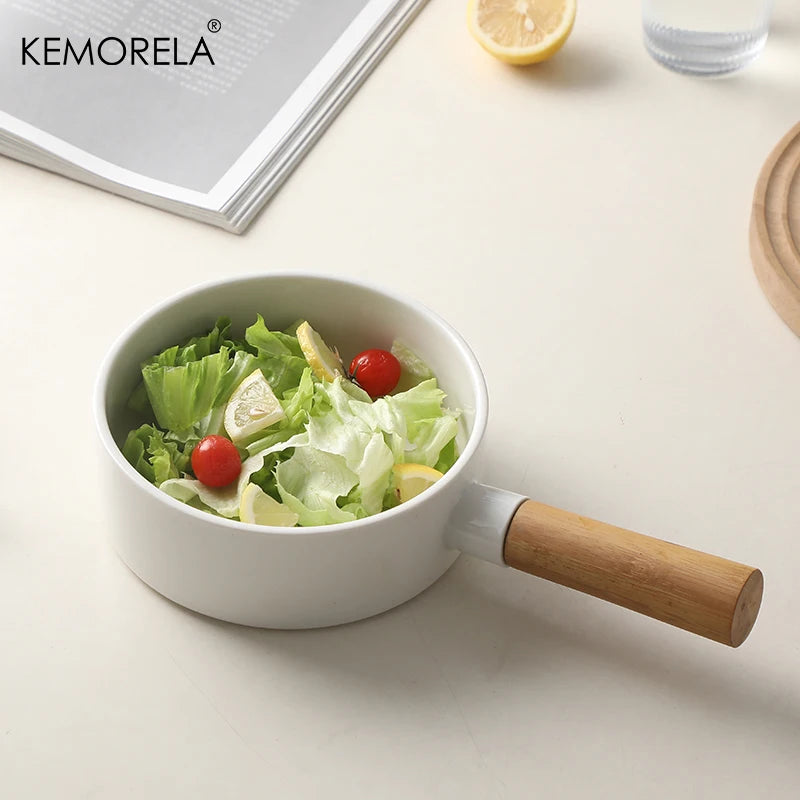 KEMORELA Ceramic Salad Bowl with Wooden Handle | Dinner Bowl Ceramic Dinnerware Bowl Axl