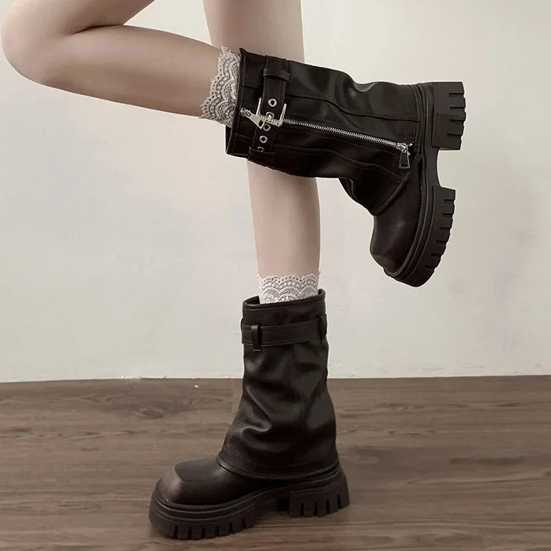 Women's Winter Platform Biker Boots – Belt Buckle Mid-Calf Women's Platform Boots Axl