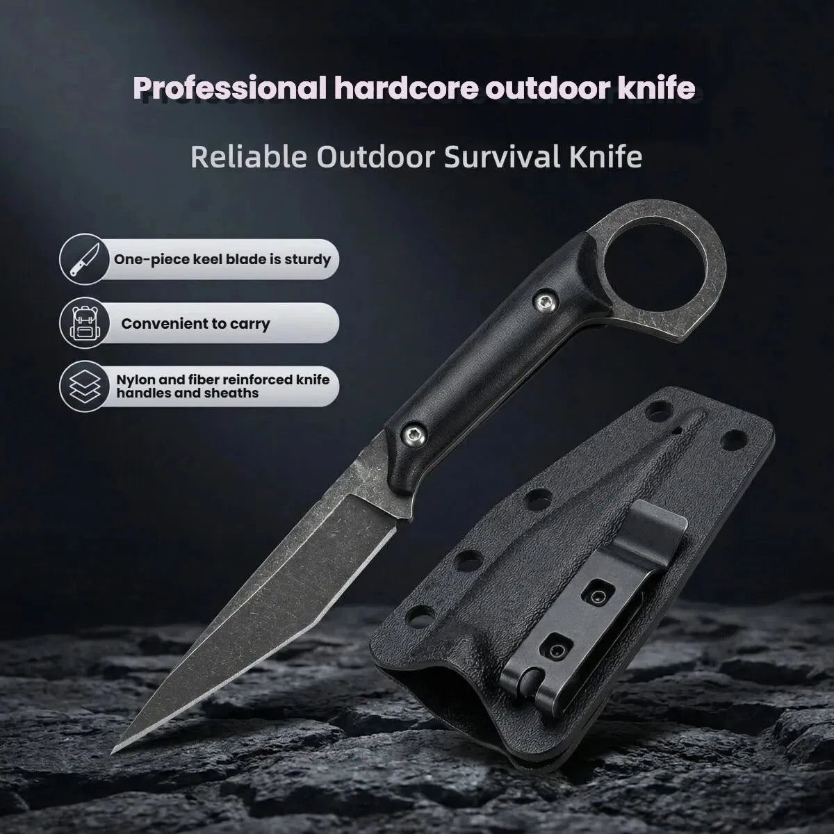 Fixed Blade Camping Knife – 440C Steel, G10 Handle + K Sheath Fixed Blade Knife Axl