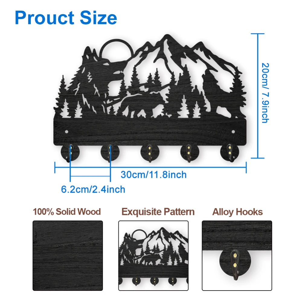 Wolf Forest Wood Wall Coat Rack – 5 Hook Key Holder 11.8in Wall Coat Rack Axl AECH04-06576