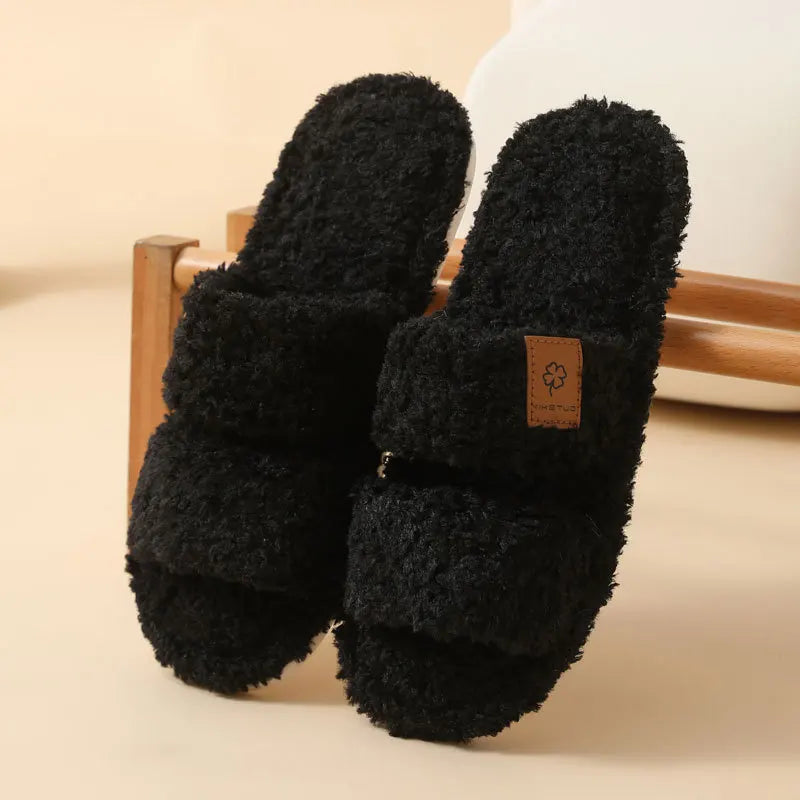 Women's Fluffy Open Toe Slippers – Plush Non-Slip Indoor Slides Plush Indoor Slippers Axl Black 44-45