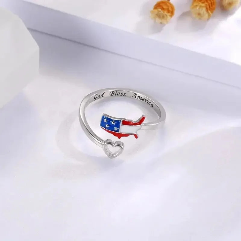 Huitan Heart American Flag Adjustable Ring – Patriotic Jewelry Fashion Ring Axl