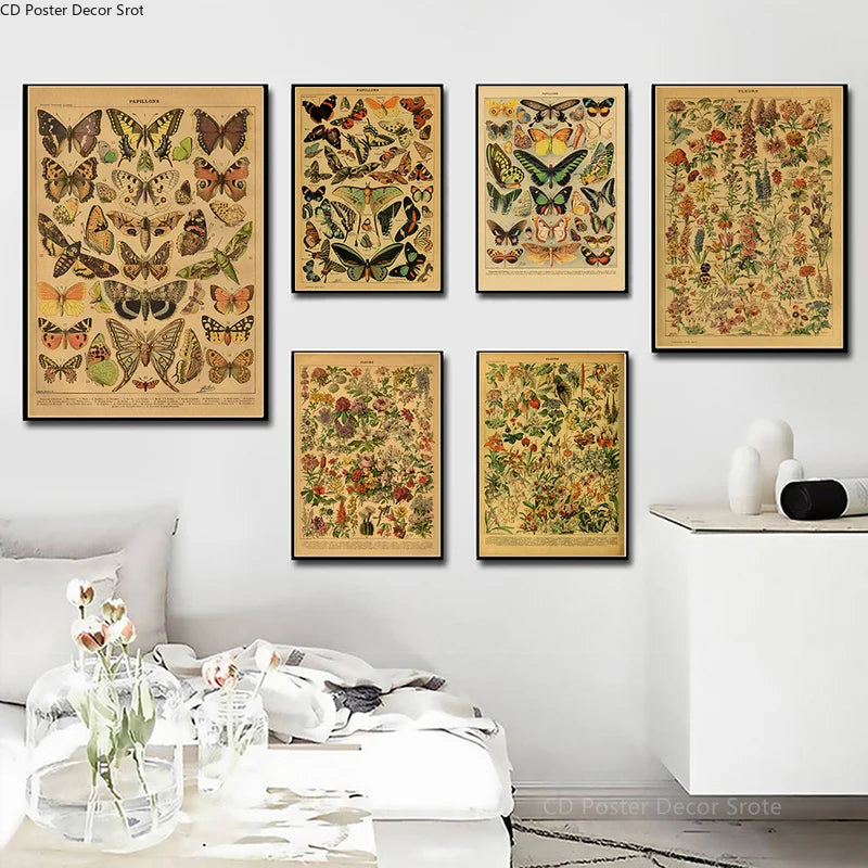 Vintage Botanical Kraft Paper Poster – Butterfly, Mushroom & Flowers Wall Art Poster Axl