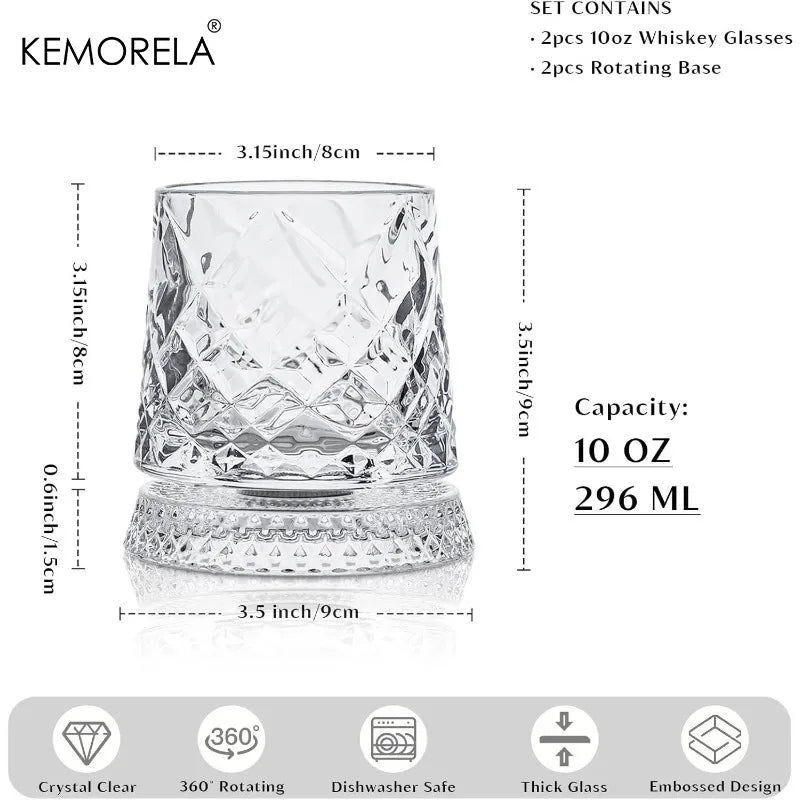 KEMORELA 300ml Spinning Whiskey Glasses Set of 2 | Bar Gift Whiskey Glass Set Axl