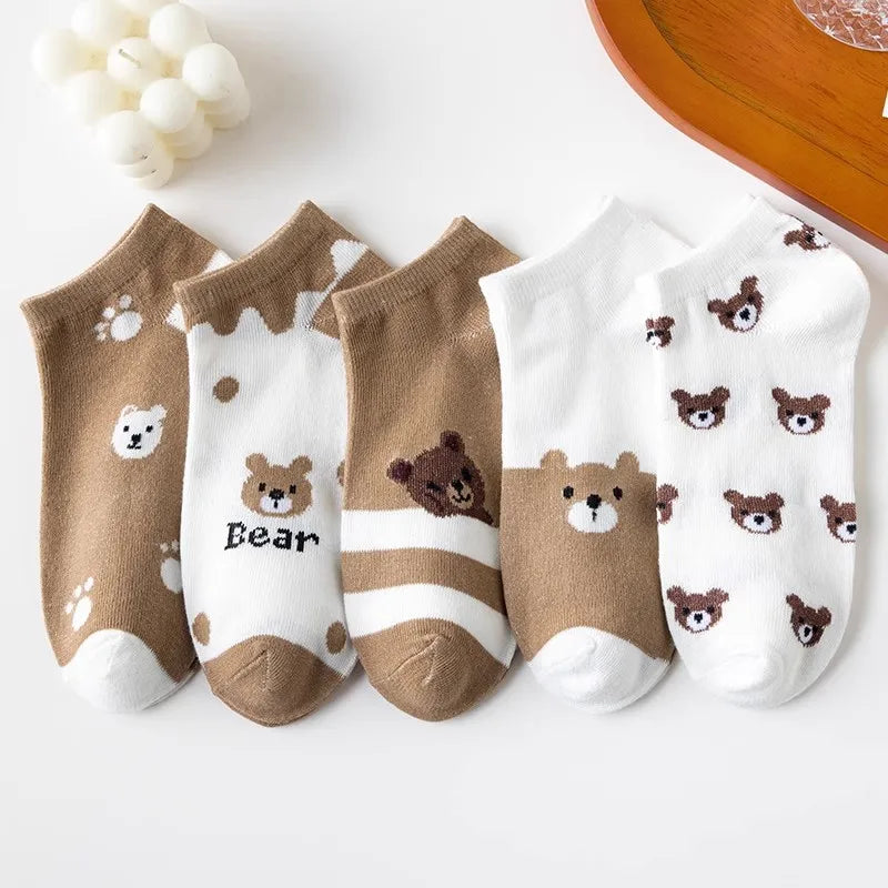 5-Pack Cartoon Bear Ankle Socks – Cute Breathable Women's Socks Ankle Socks Set Axl