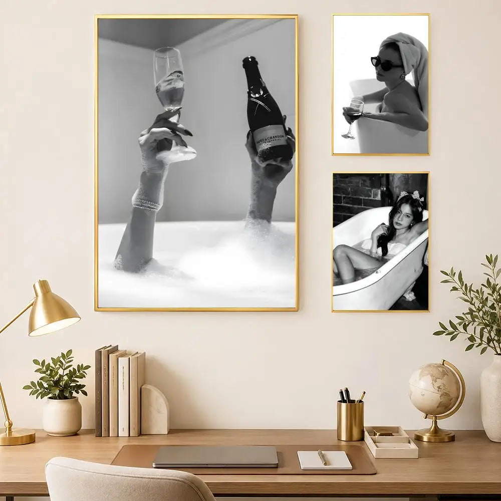Woman Drinking Wine in Bathtub Poster – HD Self-Stick Wall Art Wall Art Poster Axl