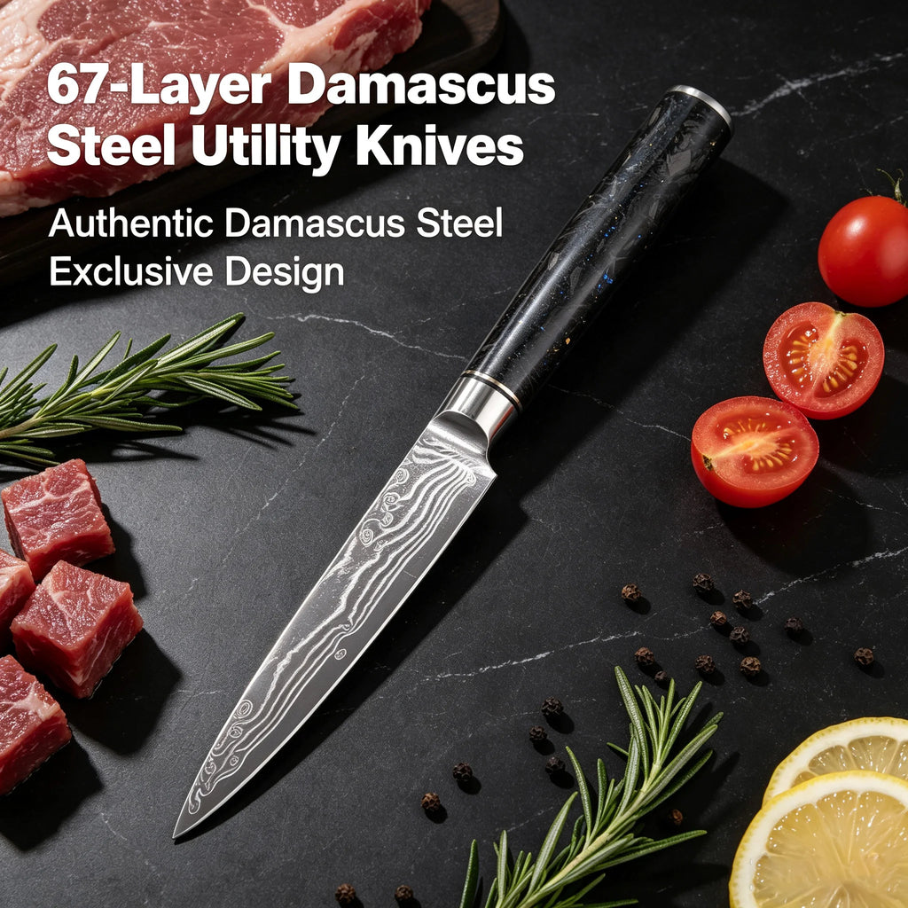 67-Layer Damascus Steel Kitchen Knife – Utility & Slicing Damascus Kitchen Knife Axl black