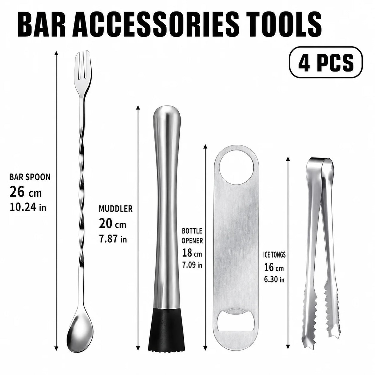 Stainless Steel Cocktail Muddler & Bar Tool Set | 3–9 Piece Bar Tool Set Axl 4 Pack-J003