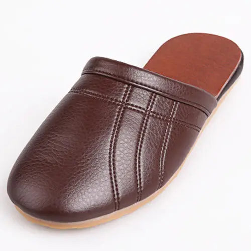 Lorilury Unisex PU Leather Flat Indoor Slippers | Home Slides Indoor Slide Slippers Axl Brown 41-42