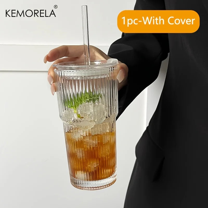 KEMORELA 600ml Striped Glass Cup with Lid & Straw | Iced Drinks Glass Drinking Cup Axl With Cover 601-700ml