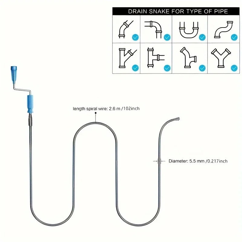 Flexible Spiral Drain Cleaning Shaft with Hook – Blue Drain Cleaning Tool Axl