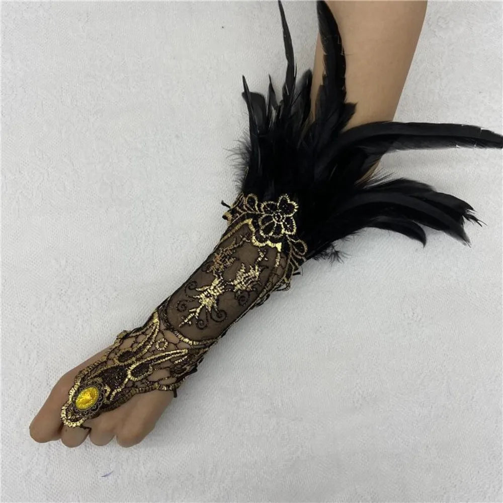 Women's Feather Lace Cuffs – Vintage Gothic Halloween Wristband Costume Feather Gloves Axl Black