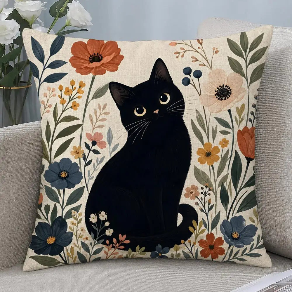 Black Cat Floral Linen Cushion Cover | Sofa & Bedroom Decor Decorative Cushion Cover Axl White8 60X60cm