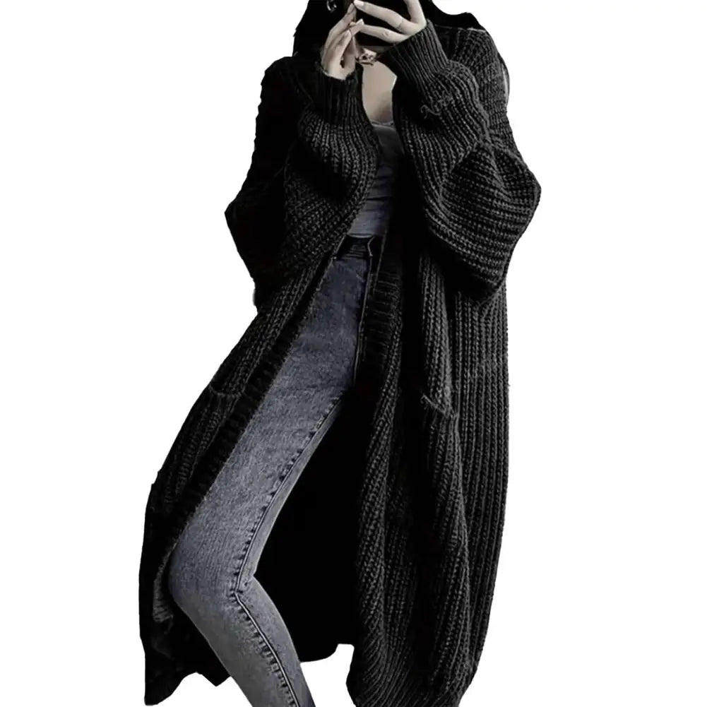 Women's Open Front Long Knit Cardigan Coat with Pockets Knit Cardigan Coat Axl Black XXXL